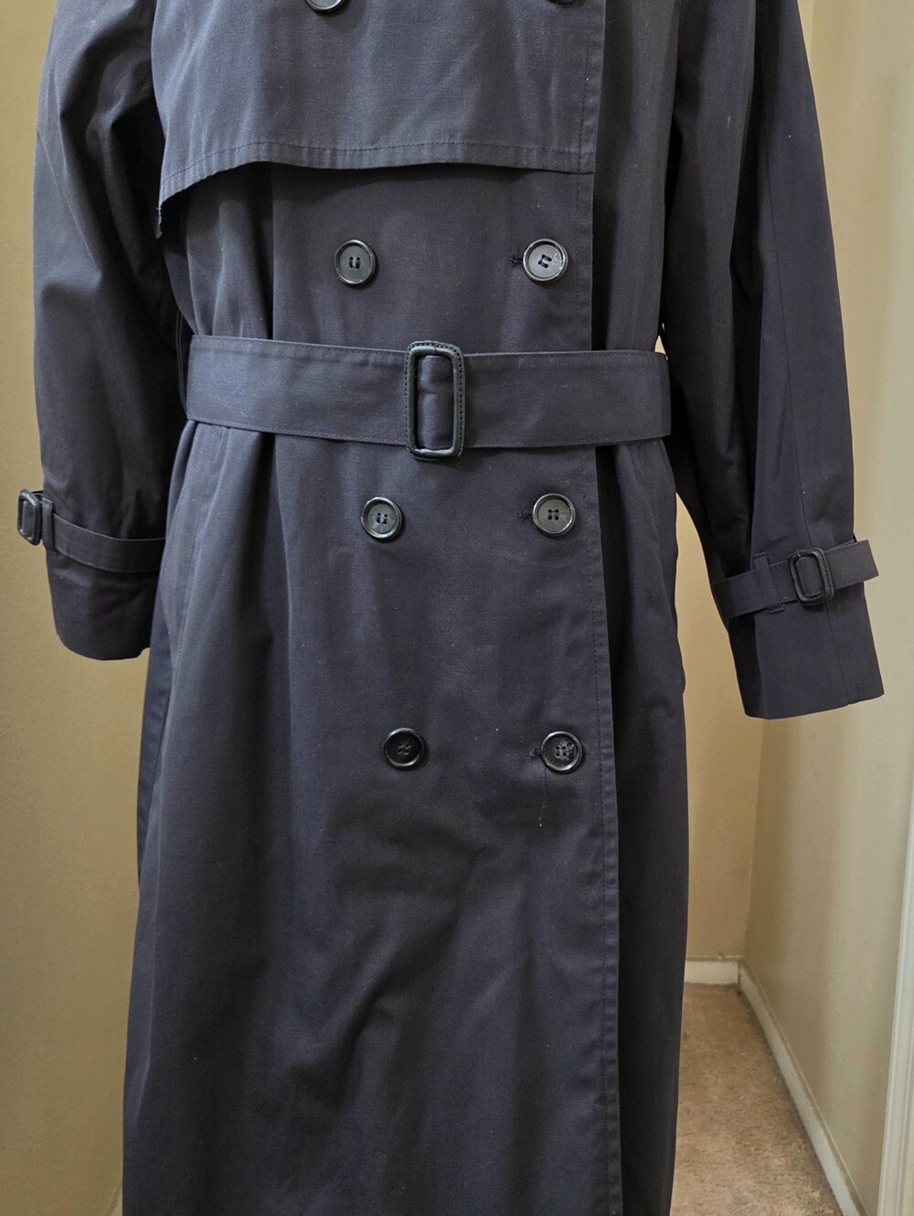 London Fog Black Double-Breasted Trench with Belted Waist. 12P